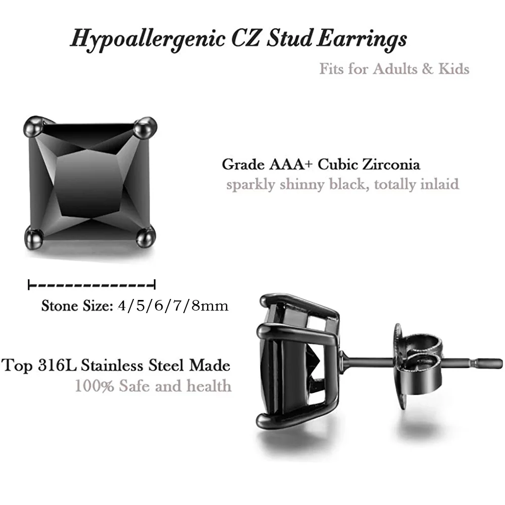 Hypoallergenic Mens Black Stud Earrings Stainless Steel Nickel Free Jewelry for Sensitive Ears Fake Onyx Single Diamond 4-8mm