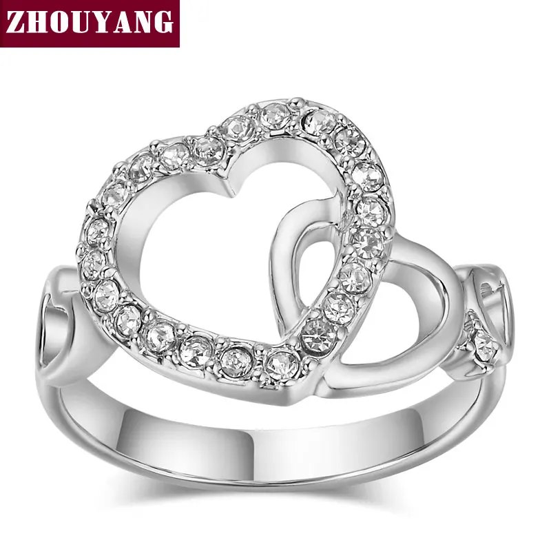 Top Quality Gold Romantic Dual Hearts Crystal Love Ring Rose Gold Color Austrian Crystals Full Sizes ZYR154 ZYR155