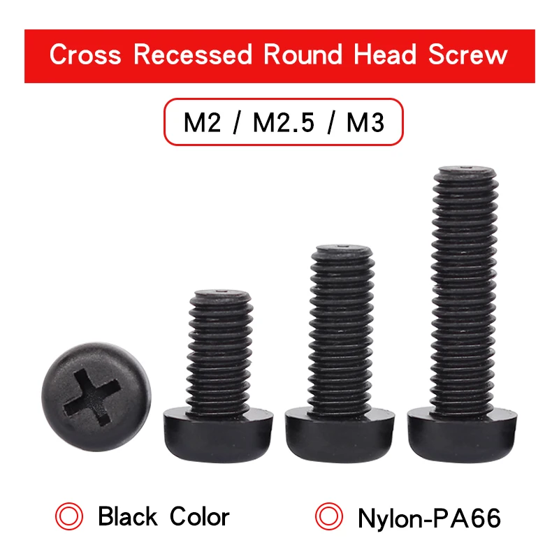 

50 PCS Cross Recessed Nylon Round Head Screw M2 M2.5 M3 Black Nylon Plastic Insulation Pan Head Phillips Screws Length 5-60 mm