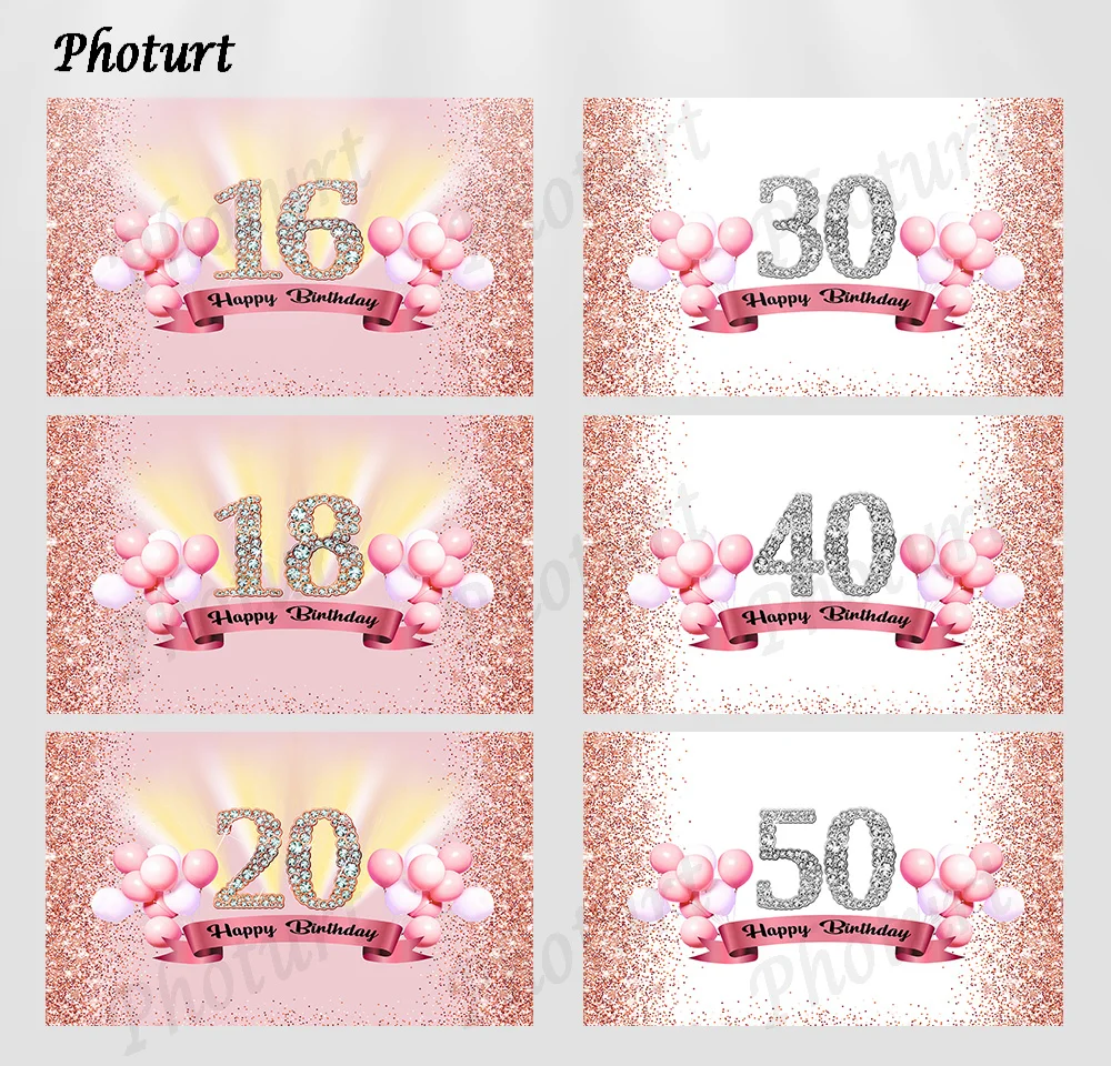 PHOTURT Happy Birthday Backdrop Age Custom Banner Party Decoration Background Pink Balloon Glitter Polyester Vinyl Decor Props