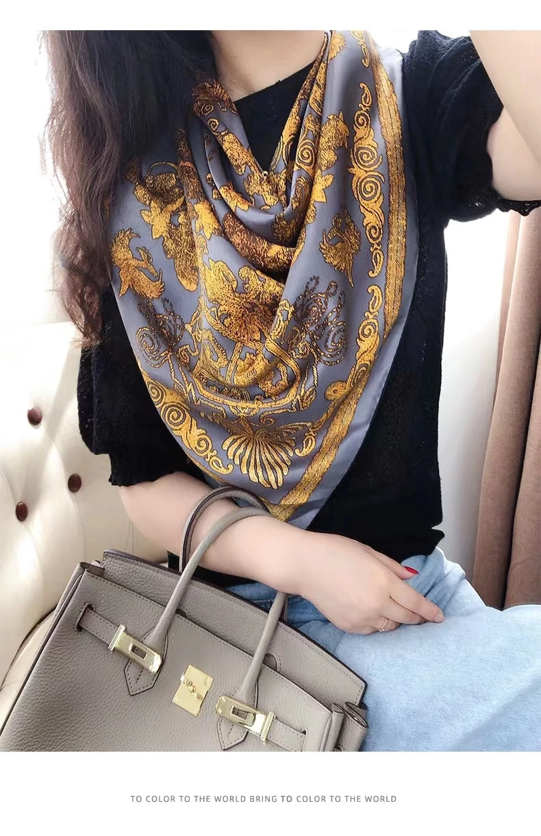 Fashion Grey Gold 100% Natural Silk Women\'s Scarf Bandana Top Grade Autumn Square Scarves Hijabs Winter Brand Headscarf Foulard