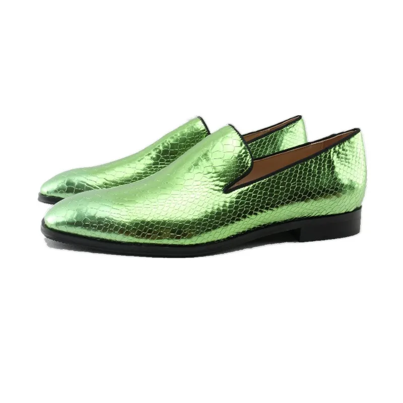 Green Men Leather Dress Shoes Square Toe Fish Scale Wedding Party Shoes Slip On OKHOTCN Fashion Casual Flats Plus Size Customize