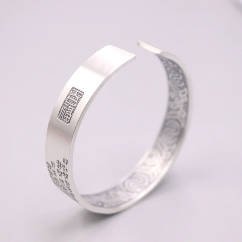 New Fine Pure S925 Sterling Silver Bangle Women 12mm Wire Drawing Fu Figure Bracelet 57-62mm 41-42g