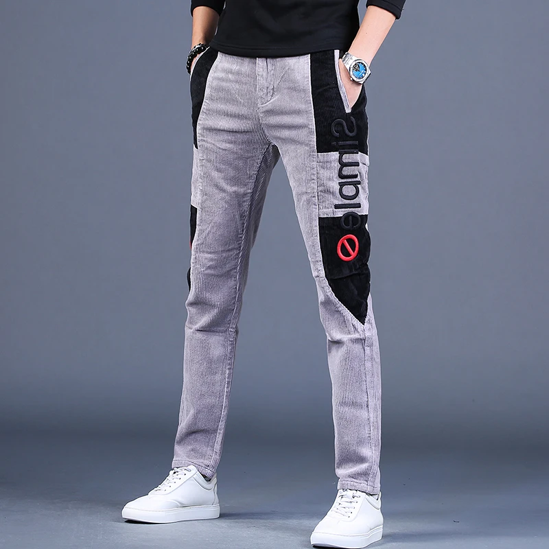 Men\'s Embroidery Patchwork Corduroy Pants Autumn Fashion Casual Gray Straight Leg Trousers