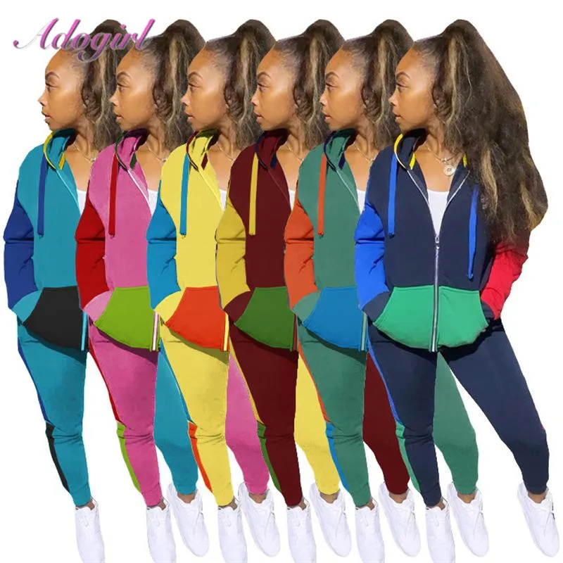 Color Block Patchwork Tracksuit Women Casual Zip Long Sleeve Hoodies Jacket Leggings Sweatpants Outfit Two Piece Sets Sweatsuit