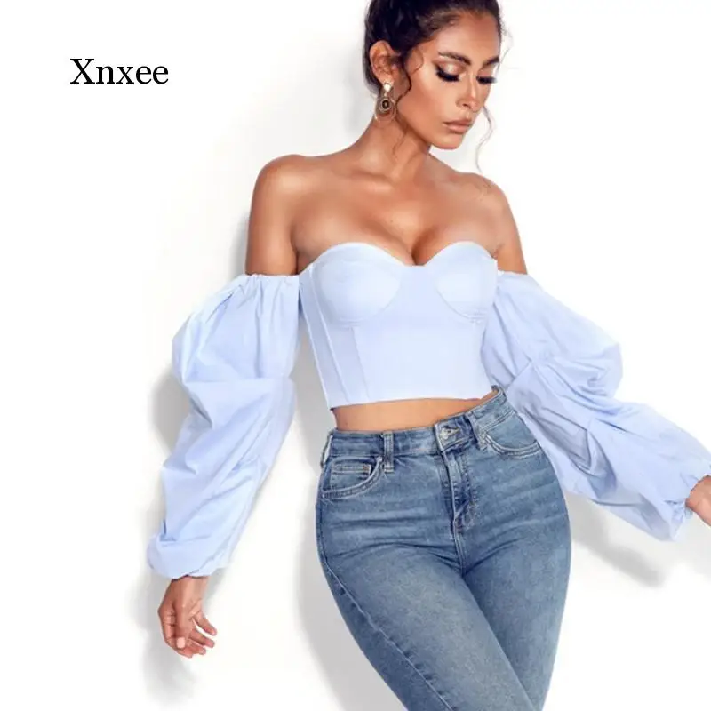 

Women's Corset Top Ladies Sexy Strapless Blusas Long Folded Sleeves Autumn Retro Blue Top Casual Corset