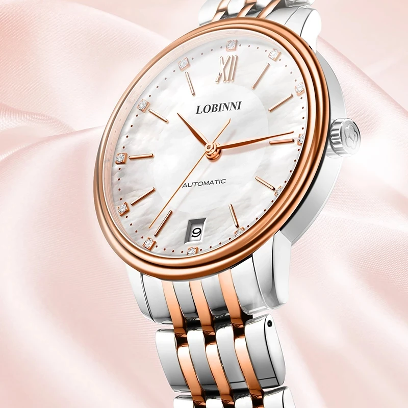 Reloj mecánico automático LOBINNI elegante a la moda para mujer, correa de acero inoxidable plateada, reloj resistente al agua con diamantes para mujer