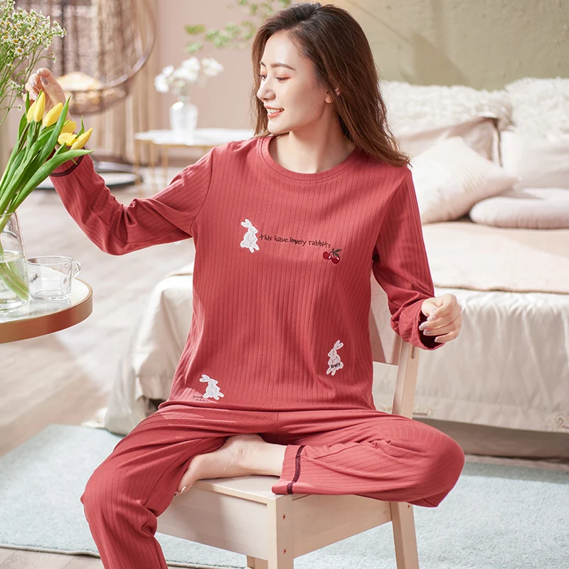 Female's Pajama Sets Big Yards M-3XL Pajamas Lovely Rabbit Sleepwear Long Sleeve O-Neck Cotton Pyjamas For Women Leisure Outwear