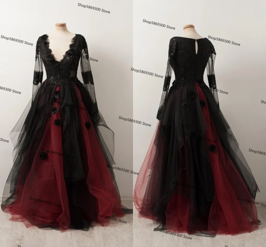 Preto e borgonha vestidos de casamento gótico mangas compridas baixo decote em v sheer sleeved não branco rendas país do vintage vestidos de noiva