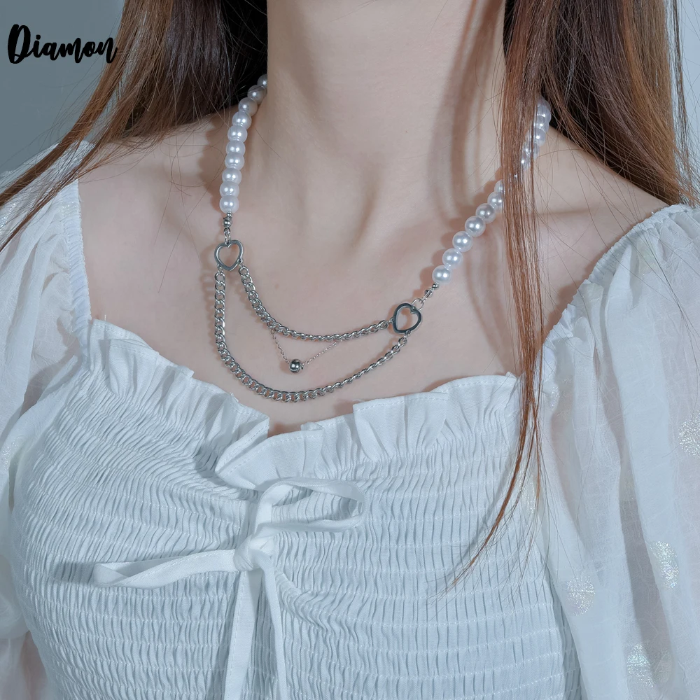 Diamon New Stainless Steel 3 Layers Necklace Silver Color Thicker Cuban Chain Hollow Heart White Beads Necklace Jewelry Gift