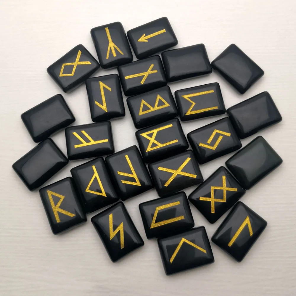 fashion runestone Obsidian Runes Divination Tumbled Stones 25pcs Natural Viking Runes Amulet Set Reiki Healing Crystals