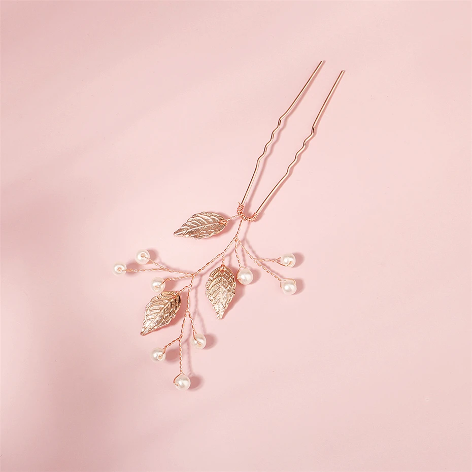 Rose Gold Color Leaf Pearl Hair Pin Wedding Hair Accessories Bridal Clip Head Jewelry for Women Bride Headdress Bridesmaid Gift