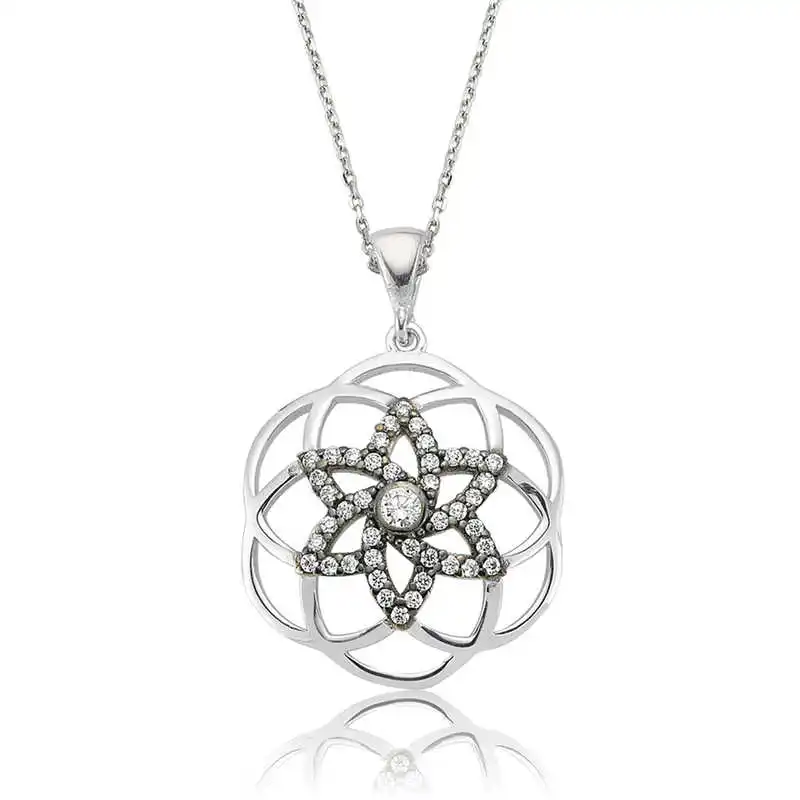 Silver Star Flower of Life Lady Necklace Zircon Stone  925 Sterling Women Fine Jewelry Wedding Party Birthday Gift - Box - Jeweled - Pendant - Chain Choker - Female - Ladies - Fashion