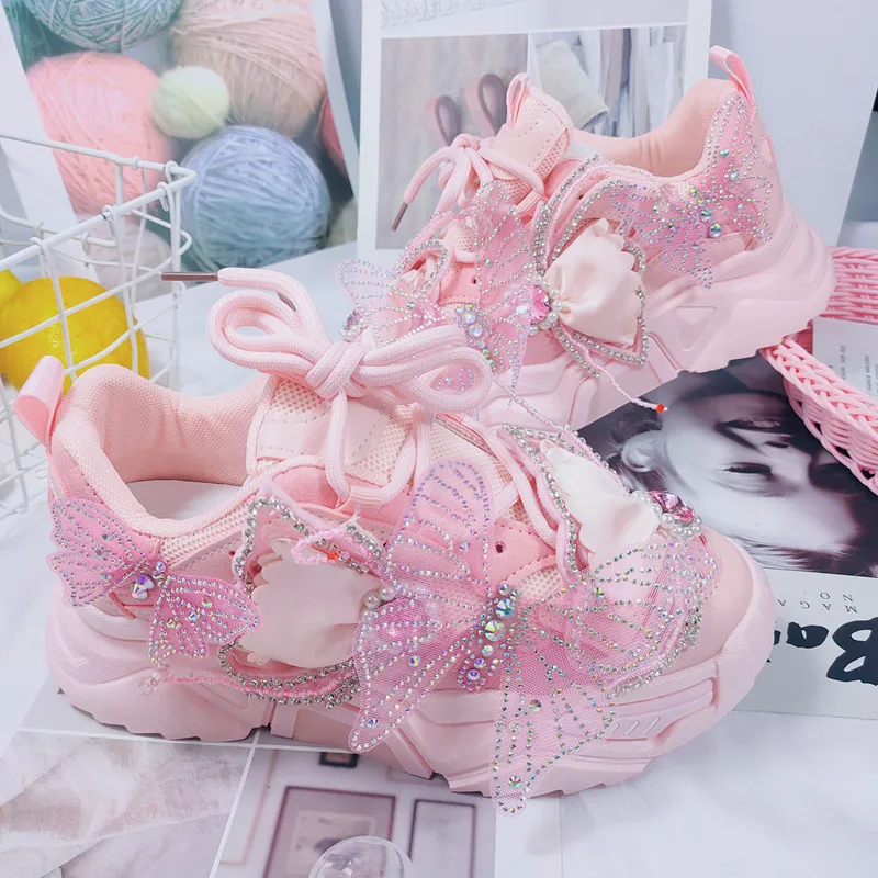 Cute Pink Rhinestones Chunky Sneakers Women Platform Sneaker Casual Thick Bottom Shoes Woman Dad Vulcanized Shoes Basket Femme