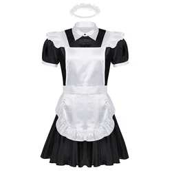 Gay Mens Sissy Servants Maid Dress Frilly Satin French Apron Maid Cosplay Costume Crossdress Babydoll Dress Roleplay Outfits