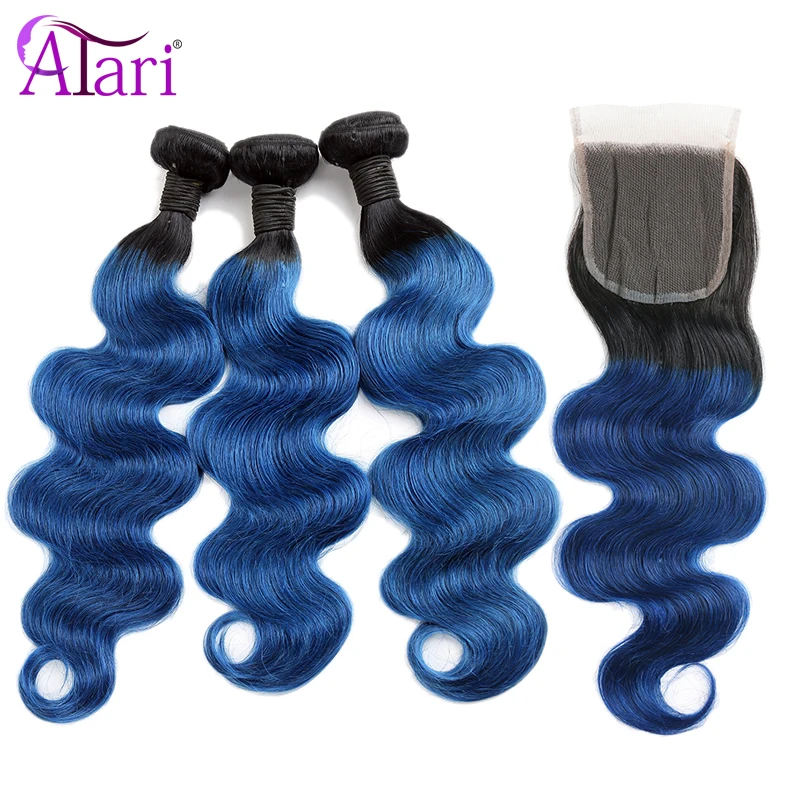 Mechones ondulados con cierre, extensiones de cabello brasileño ondulado con cierre, 1B/azul, cabello humano virgen 100%