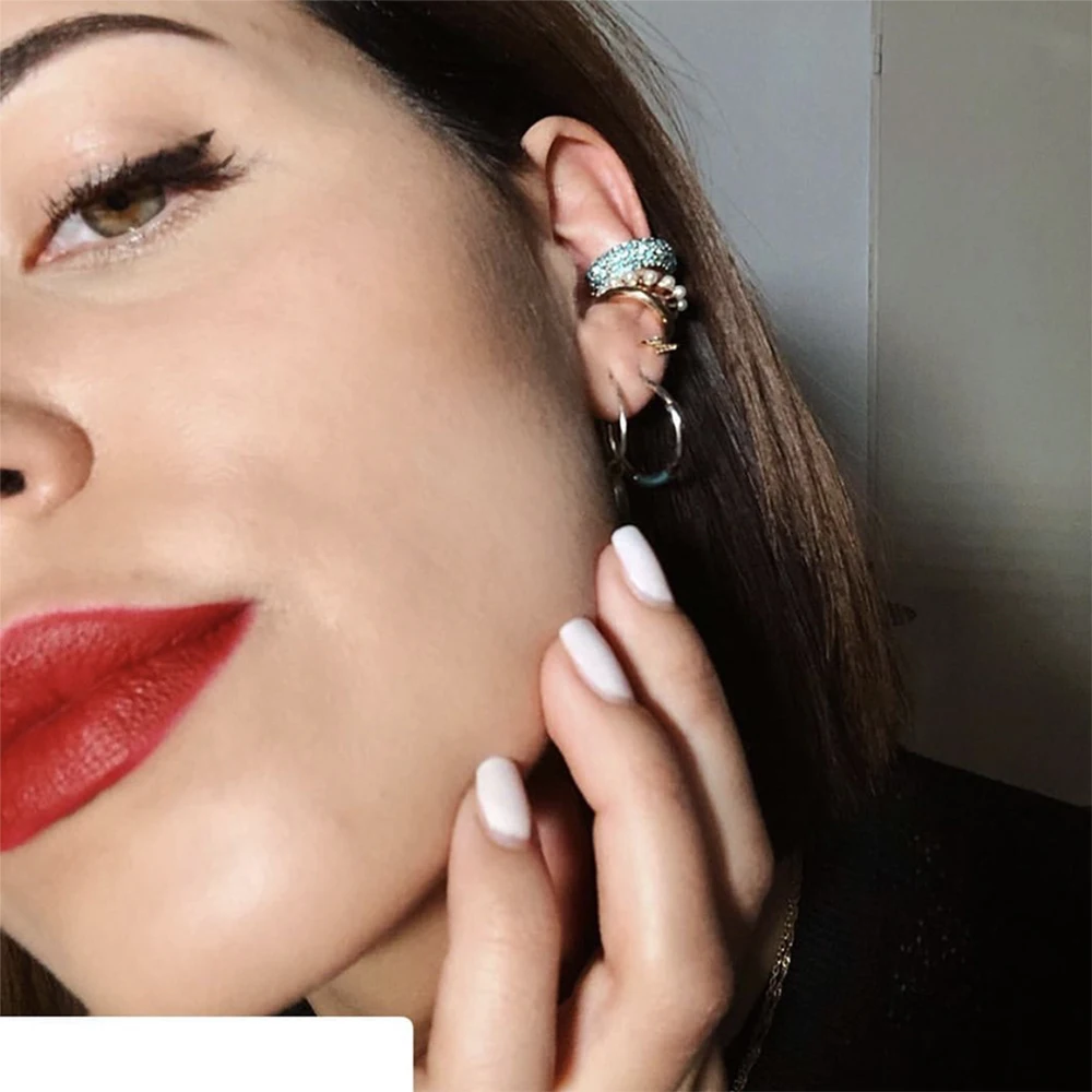 Boho Trendy Pearls Ear Cuff Earring For Women Girls Fashion Rainbow Cubic Zirconia Stones Small Clip Earring Bohemia Ear Jewelry