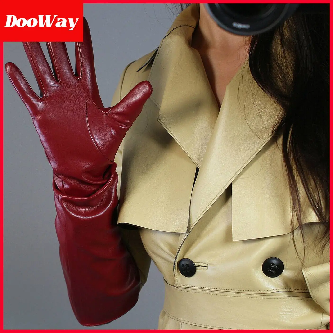 DooWay Unisex Burgundy Oversize GLOVES Long Latex Faux Leather PU Dark Red Wine Halloween Costume Cosplay Evening Opera Gloves