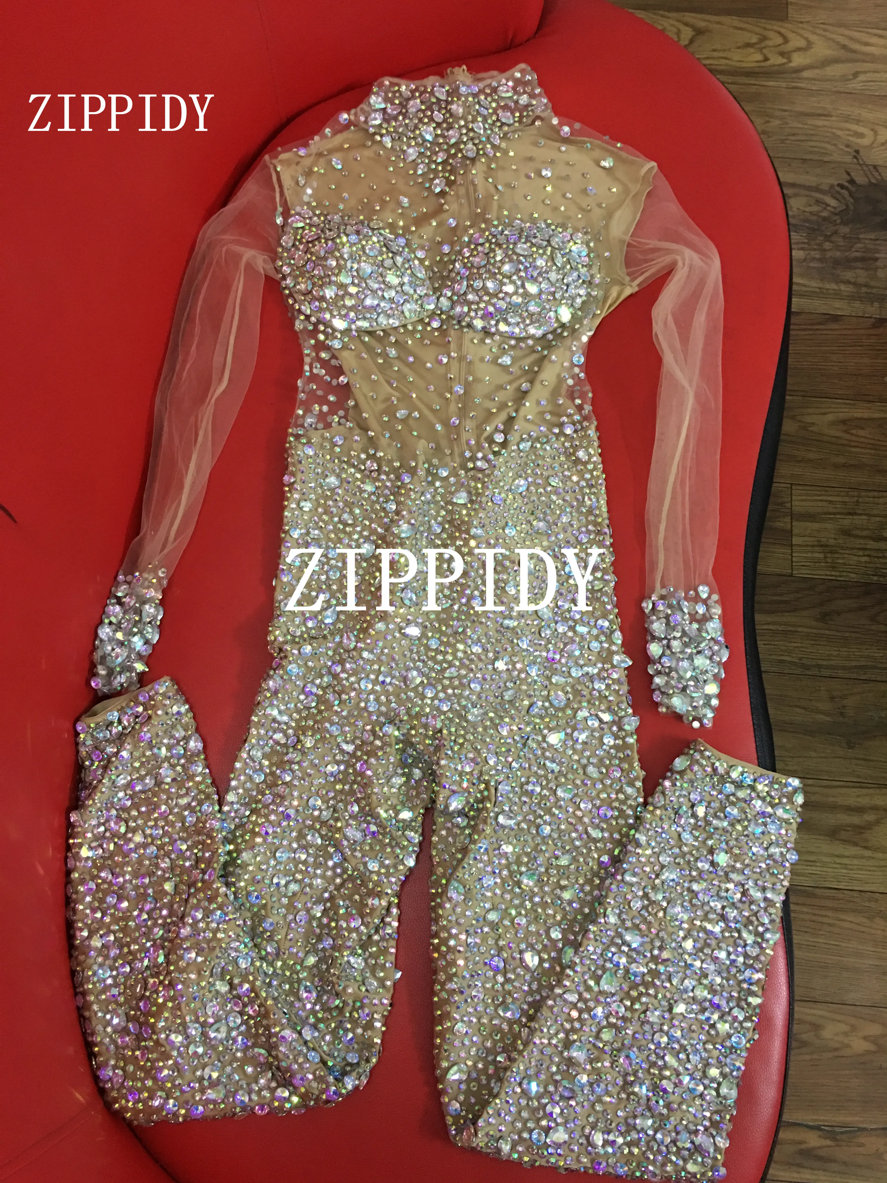 AB Color Rhinestones Transparent Jumpsuit Women Birthday Celebrate Prom Party Outfit Evening Collections