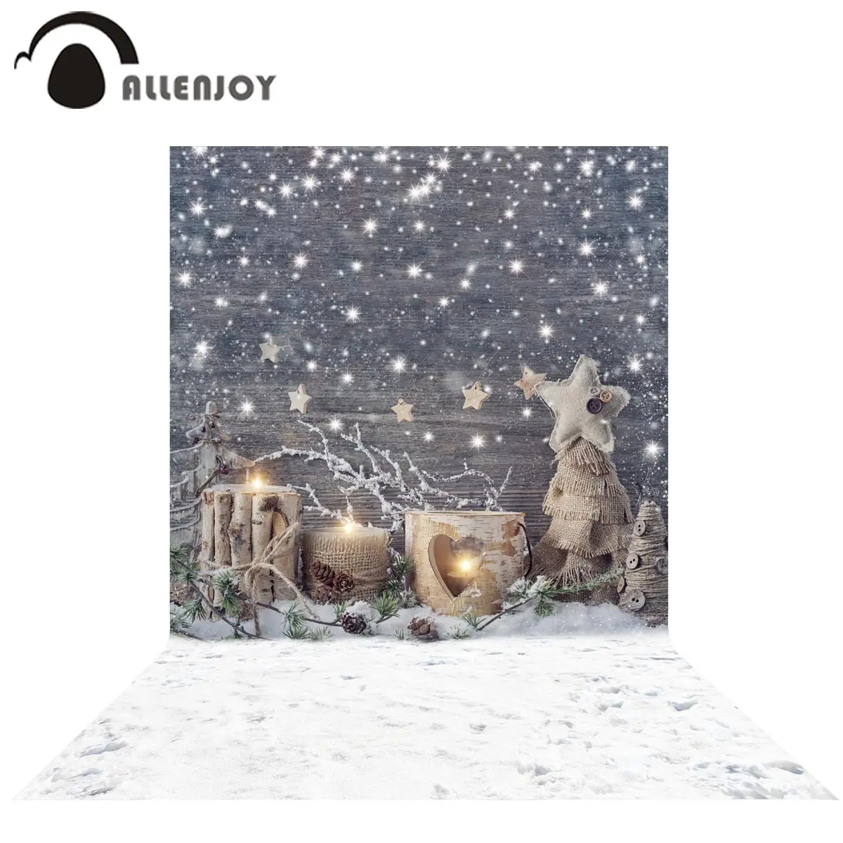 

Allenjoy Winter New Year Party Wood Piles Snow Scene Backdrop Branch Lights Christmas Stars Kids Photography Props Background