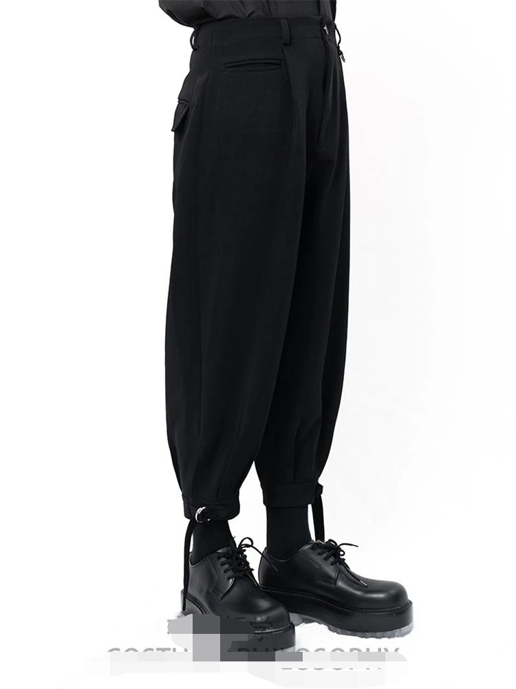 Men's Black New Casual Large Size Loose Haren Pants Dark pleated suspenders Pull Pull Pull Design Pants