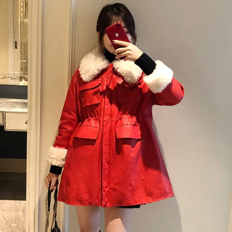 

Genuine Leather Real Sheepskin Coat Female Winter Down wool shearling collar Jacket Women Thick Warm Short Jackets LW1682