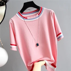 Striped Hit Die Farbe Dünne Sommer Frauen Pullover Gestrickte Elastische Kurzarm 2020 Frau Kleidung Pullover Frauen Pullover Femme