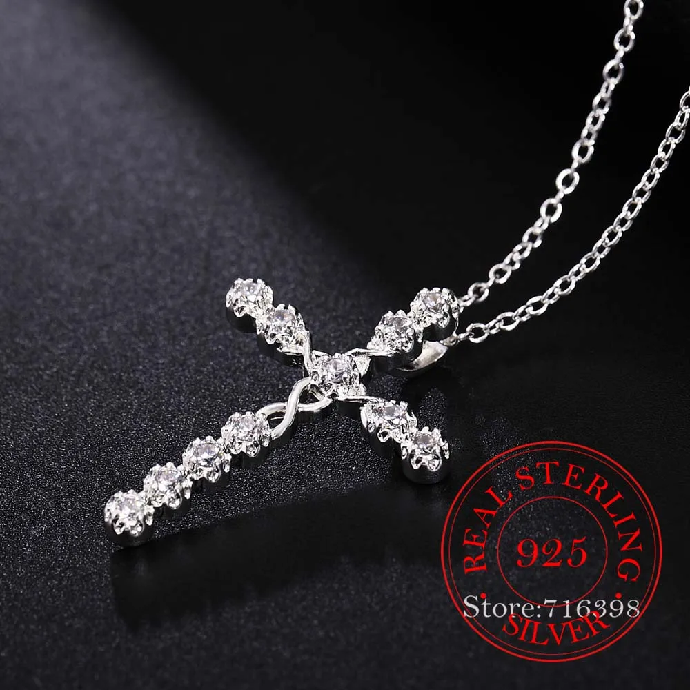 New Arrival Fashion Cross Necklace Accessories True 100% 925 Sterling Silver Crystal CZ Pendants Necklace for Women Fine Jewelry