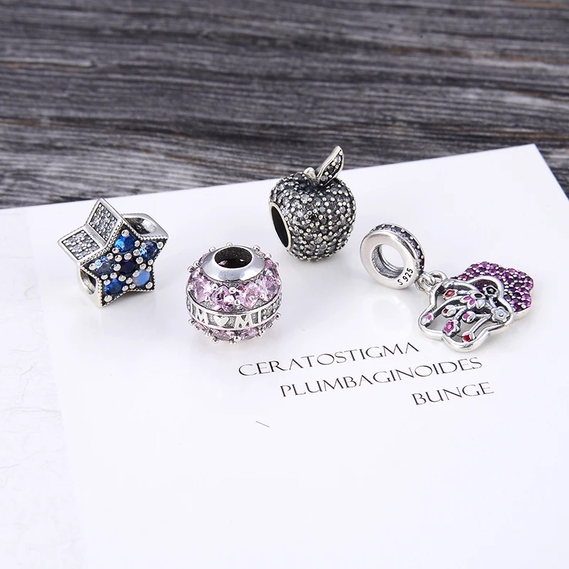 100% 925 Sterling Silver Pentagram Beads, Apple Beads, Two flowers Beads, Pink zircon Beads Fit Charm Bracelets Fine Jewelry