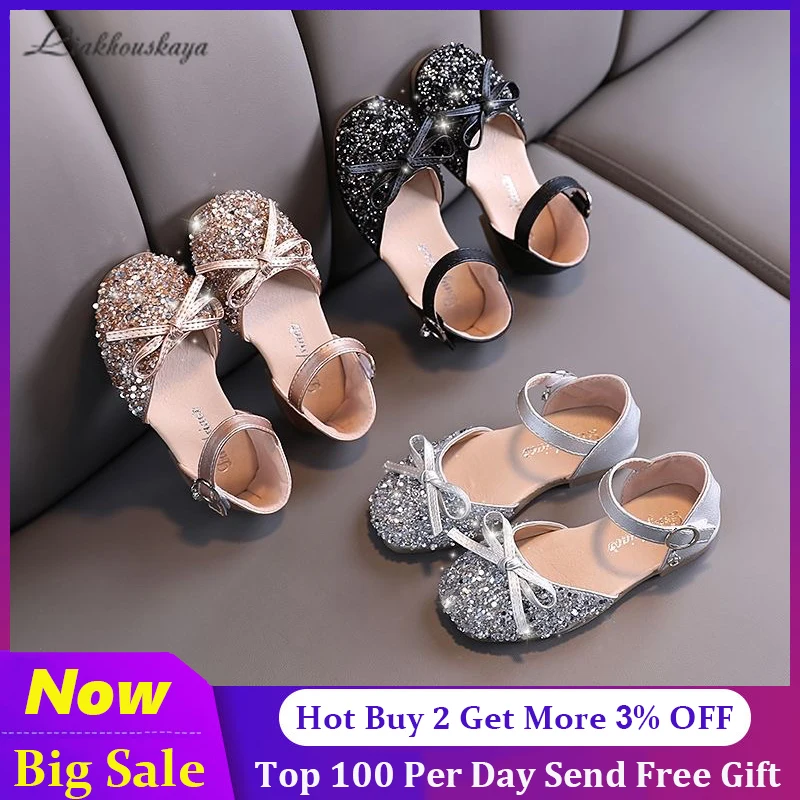 

New Children Leather Shoes For Girls Rhinestone Bow Princess Girls Party Dance Shoes Baby Student Flats Performance Kids Shoes
