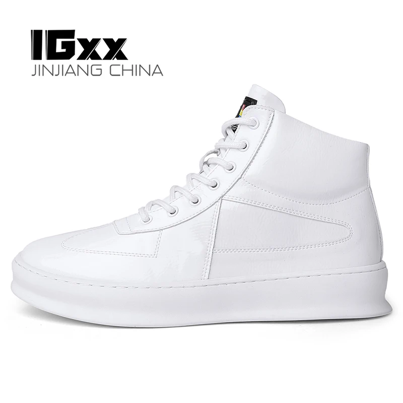 

IGxx High top Shoes Skateboard Lace-up Leather Bling Men's Sneakers Punk Ankle Boots For Men Basketball Shoes White