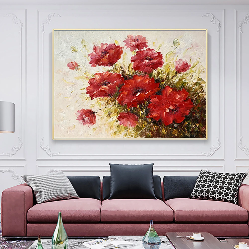 

Abstract Red Flower Paintings Hand Painted Canvas Wall Art Palette Knife Flower Oil Painting for Living Room Bedroom Decoration