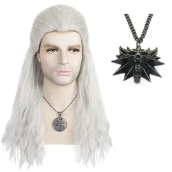 Geralt Wig Long Water Wave Silver White Wigs With Badge Metal Pendant Slice Back Styled Hair Cosplay Wigs + Wig Cap