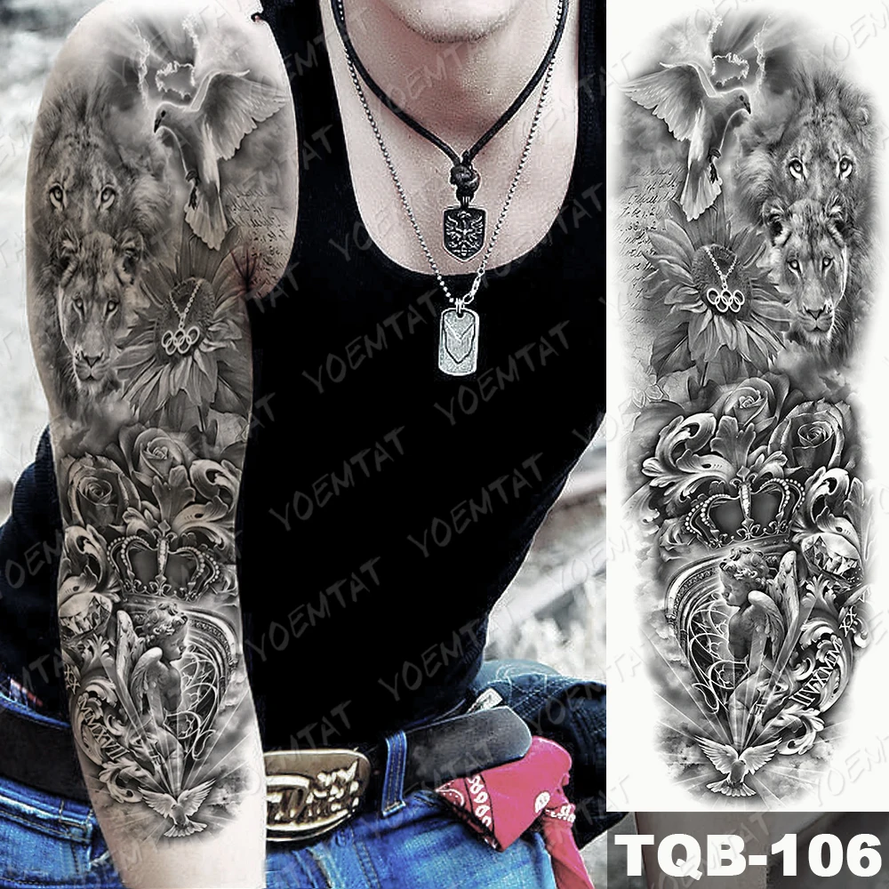 Large Arm Sleeve Tattoo Forest Angel Wolf Lion Waterproof Temporary Tatto Sticker Crown Skull Body Art Full Fake Tatoo Women Men