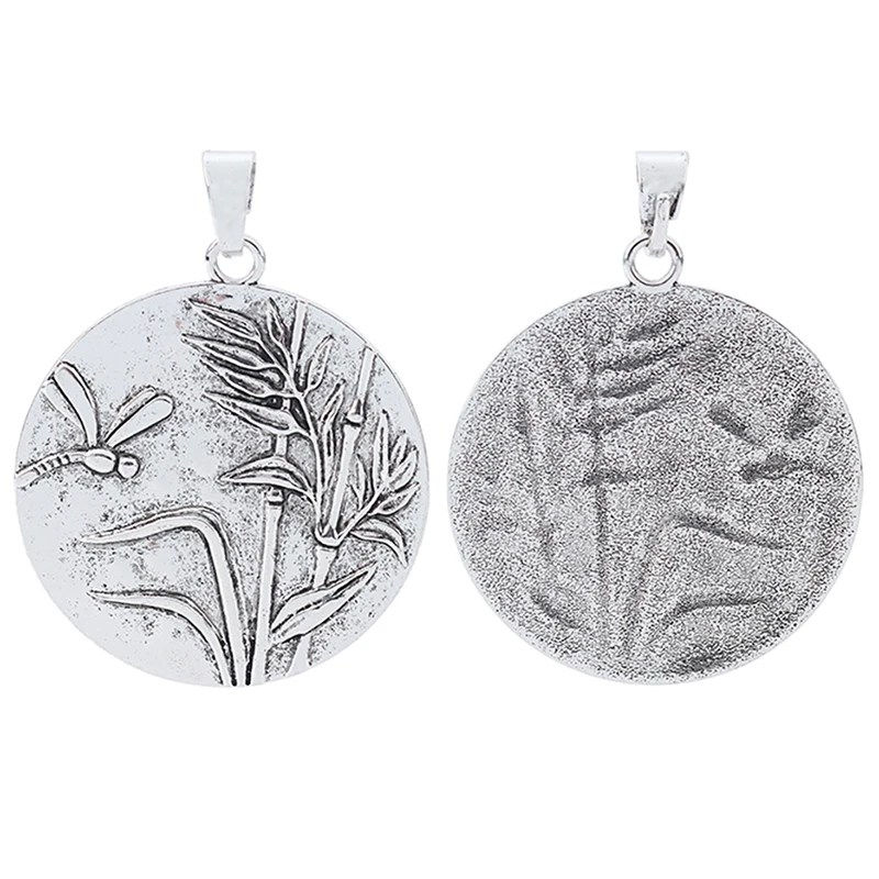 Bohemian Tibetan Silver Large Carved Dragonfly Reed Round Charms Pendants for Necklace Jewelry Making Findings 68x60mm