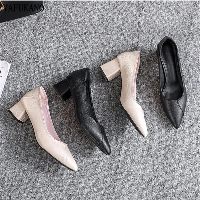 Simple Fashion Soft Leather Womens Pumps Square Heel High Heels 3Cm/5Cm Chunky Heel Black Career Work Shoes 2024 New Arrivals