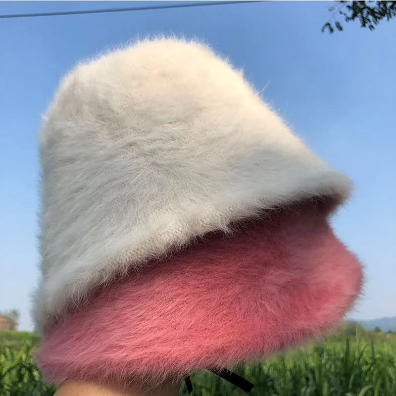 2023 new Hat winter women\'s fashion Solid color rabbit fur hat bucket cap fisherman\'s hat knitted wool basin Bucket Hat