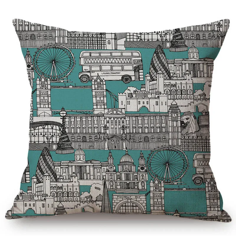 Blue Pink Yellow Toile de Jouy City Design Pattern Home Decorative Sofa Throw Pillow Case cotton Linen Car Chair Cushion Cover