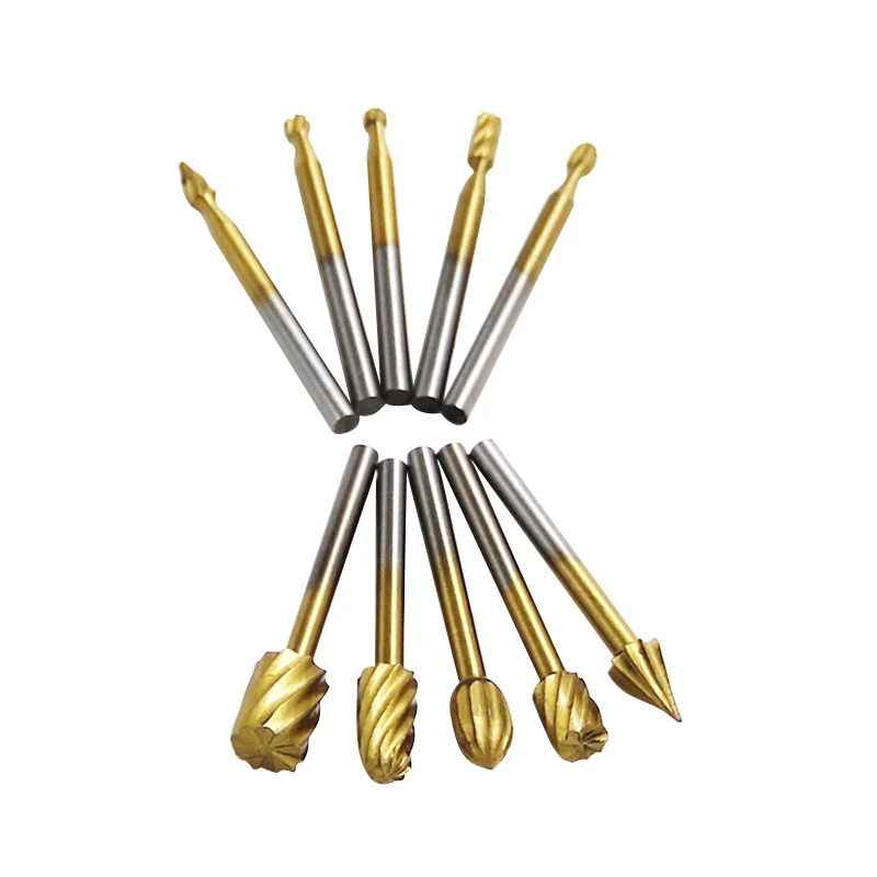 10pcs 1/8'' Shank Titanium HSS Steel Rotary burrs Cutter Engraving Grinding Bit For Rotary file cutter Tools woodworking DIY