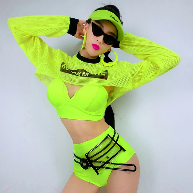 Jazz Dance Costume Female Dj Gogo Dancer Outfits Green Bikini Cropped Tops Hip-Hop Clothes For Women Bar Stage Costume DNV14903