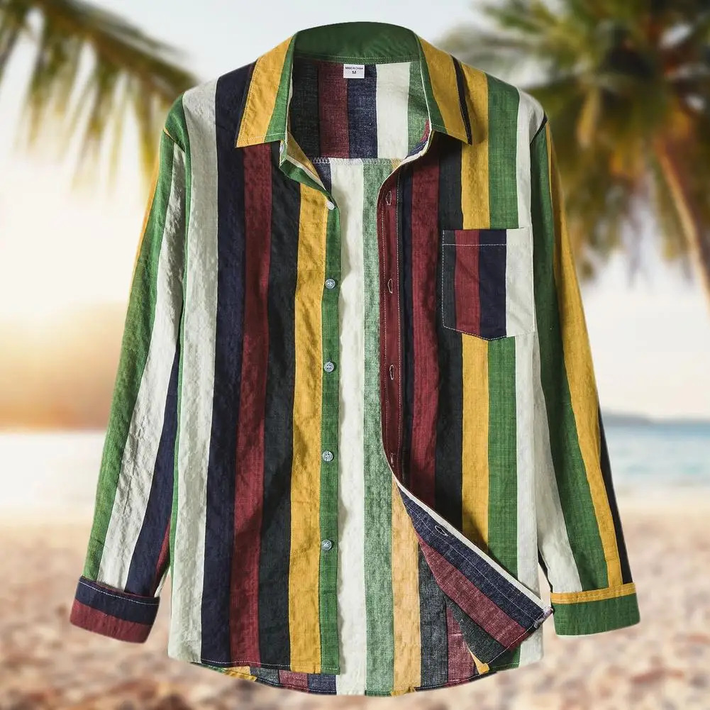 2021 Men Shirts Cotton Linen Button Down Summer Long Sleeve Casual Loose Blouse Color Matching Hawaiian Holiday Shirts