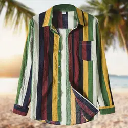 Camisa masculina de algodão com botões e manga longa, blusa solta casual de linho com botão para o verão, camisas havaianas e de férias com cores, 2021