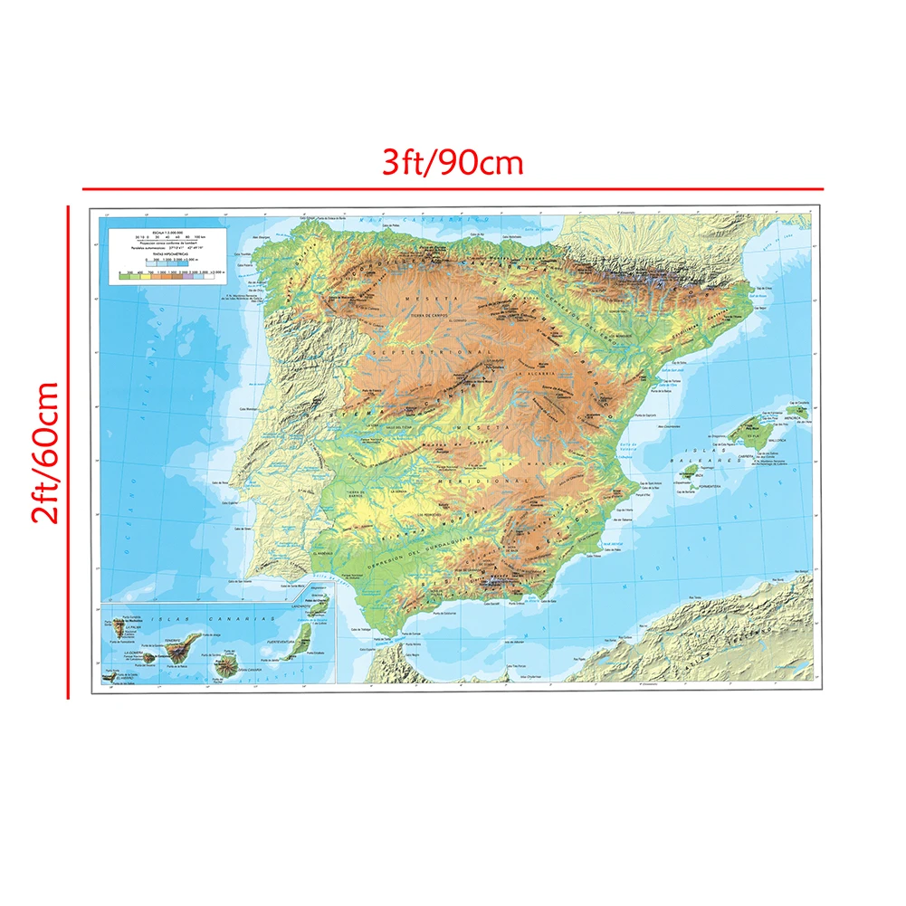 90*60cm In Spanish The Spain Orographic Map Canvas Painting Wall Poster Children School Supplies Living Room Home Decoration