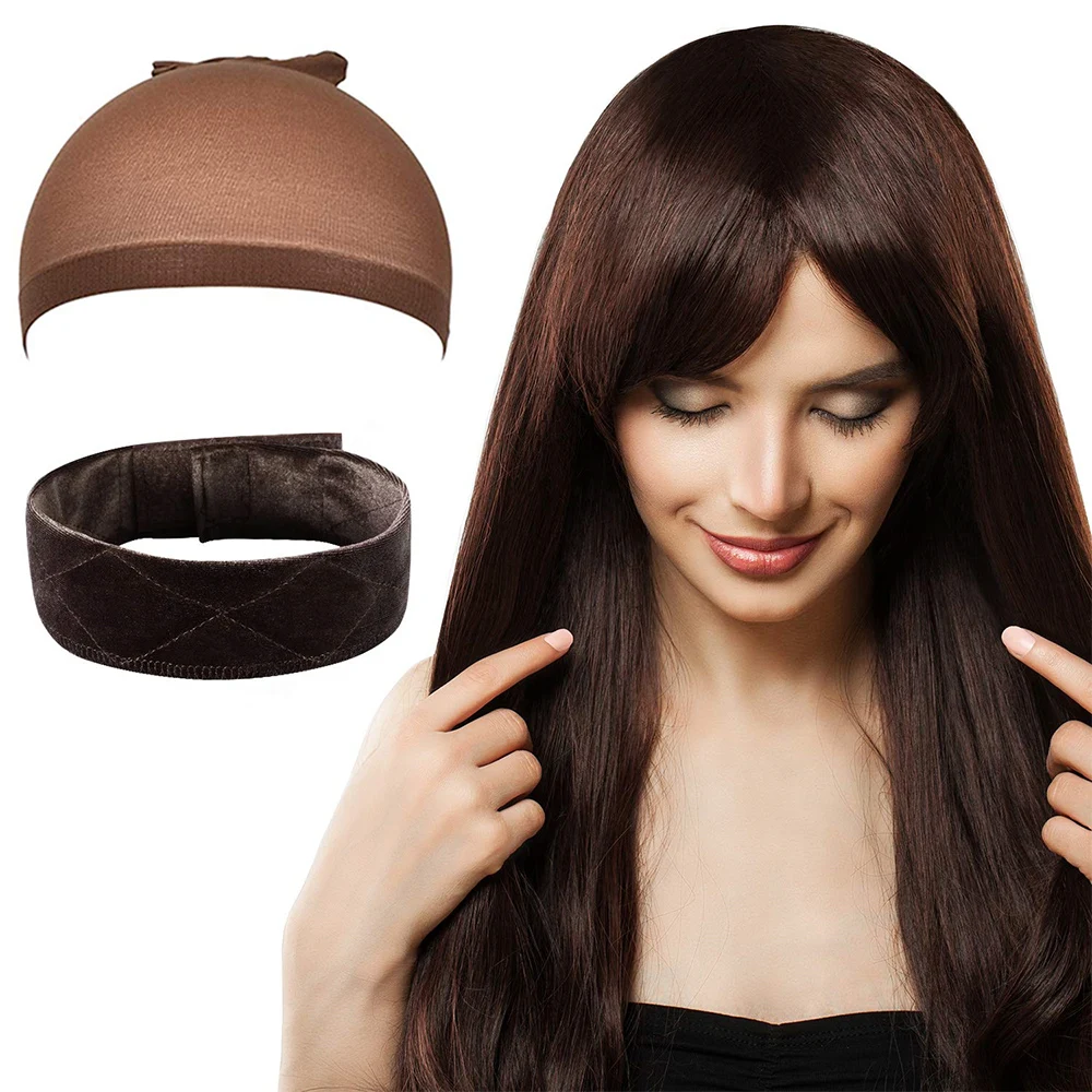 Stocking Perücke Caps Elastische Haarnetz Haar Mesh Und Doppelseitige Samt Perücke Grip Band Komfortable Stirnband Für Spitze Frontal Braun