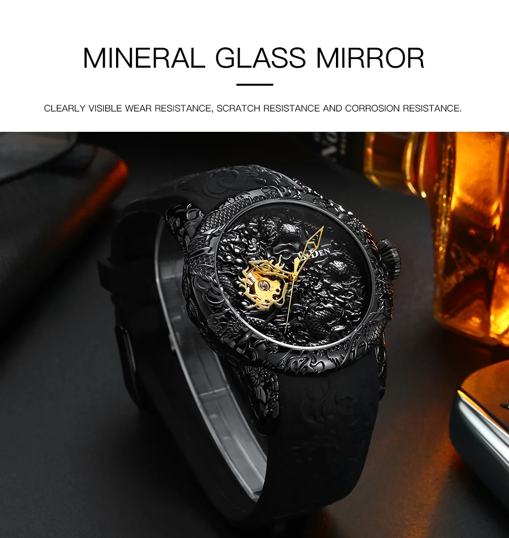 Automatic Mechanical Watch Luxury Black Gold Dragon Sculpture Men Wristwatch Waterproof Male Hip Hop Silicone Clock Reloj Hombre