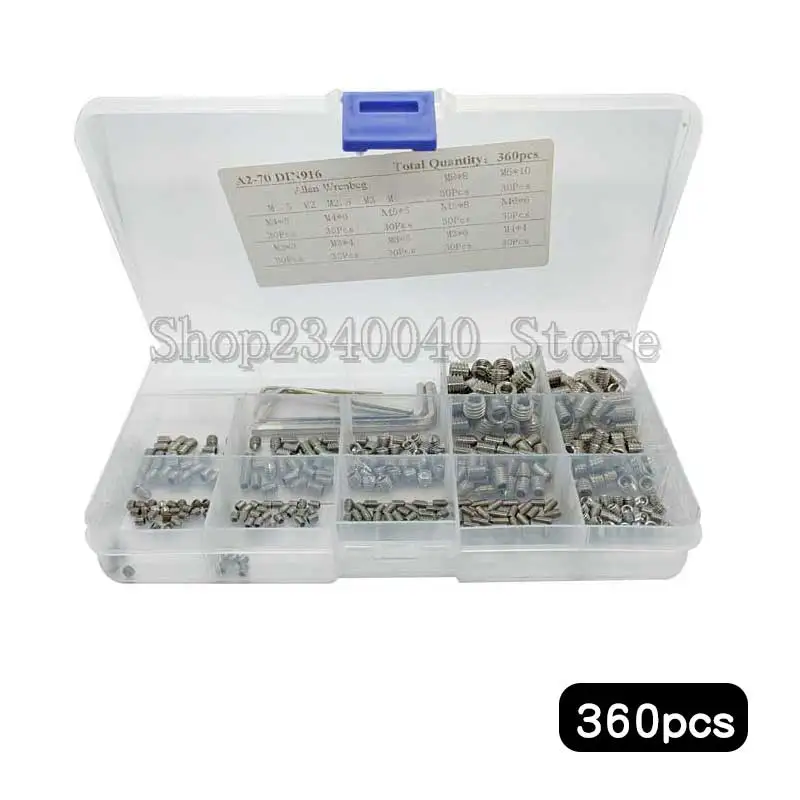 360pcs Hexagon Hex Socket Set Screw Assortment Kit M3 M4 M5 M6 M8 cone point screw Stainless Steel Headless Set Screw wrench