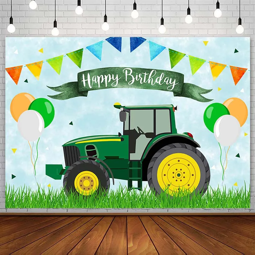 Green Tractor Truck Backdrop Boy Birthday Party Decor Balloons Banners Grass Photography Background Photo Studio Photozone Props