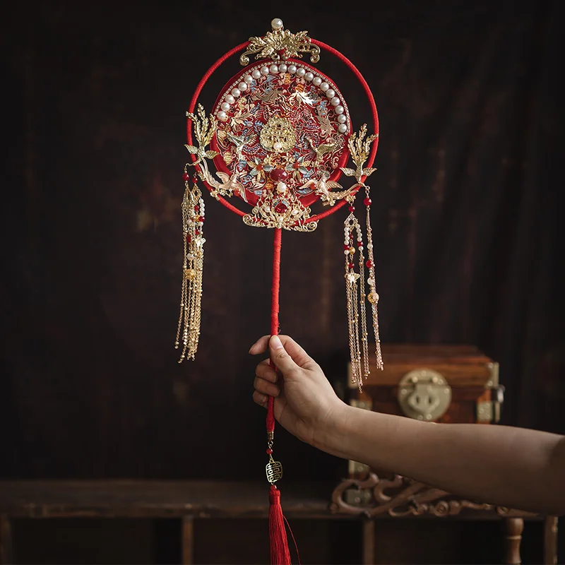 HIMSTORY Vintage Luxury Chinese Bridal Hand Fan Holding Phoenix Round  Handmade Pearls Wedding Bouquet Long Handle Fan