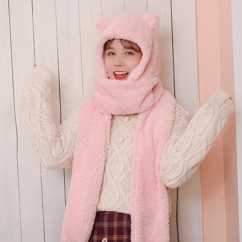 Winter Hat Women Thick Hat Scarf One Two-Piece Korean Version Parent-Child Warm Thickening Scarf Students Black White Pink