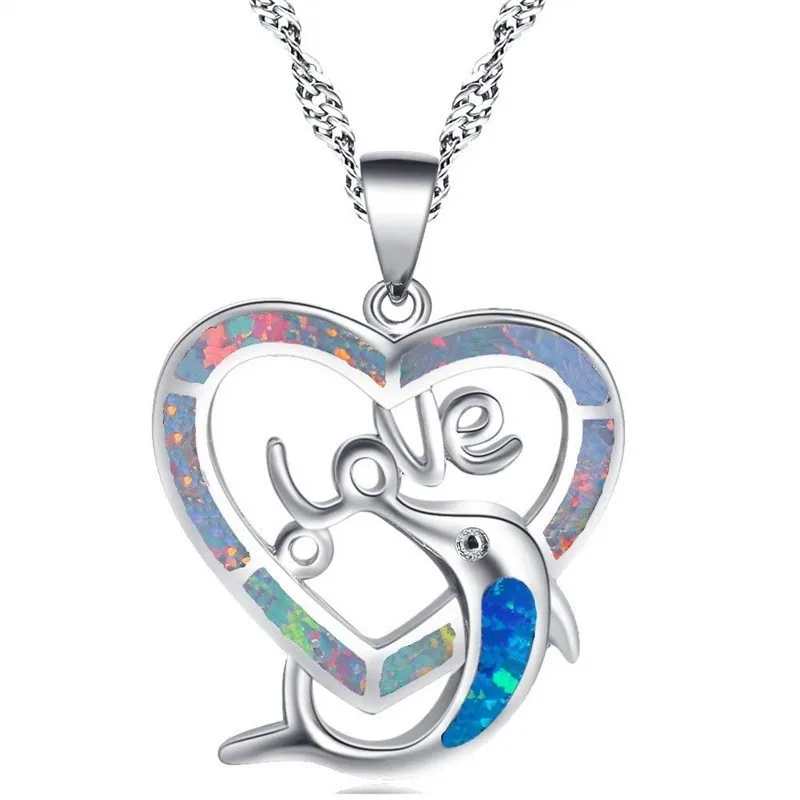 Elegant Fashion  Heart Dolphins Fire Created Opal Pendant Necklace Women Jewelry Gifts